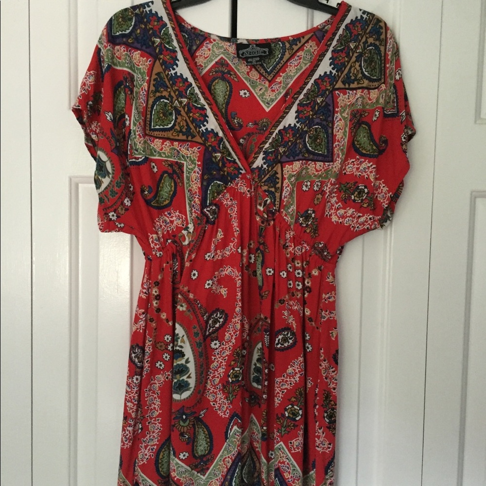 Angie’s red patterned dress